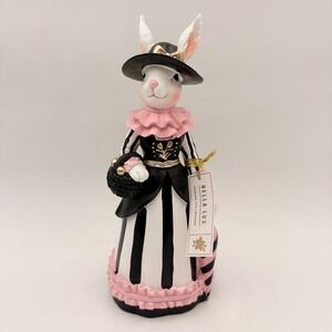 Bella Lux Spring Collection Victorian Rabbit Figurine Black Pink Striped Dress